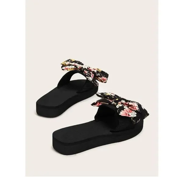 Floral Print Bow Decor Sandal Flat Women's Slides - Picture 4 of 5